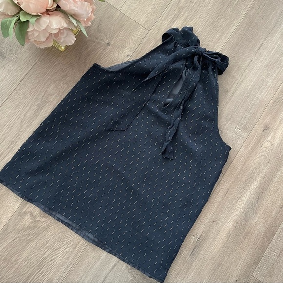 J. Crew Navy Gold Thread Tie Back Halter Sleeveless Blouse - Picture 5 of 8